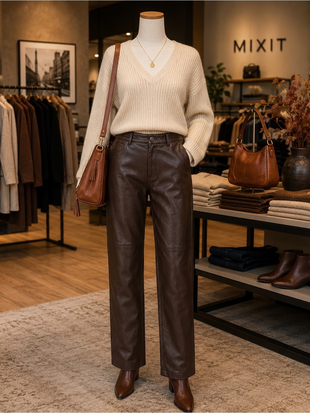 Mixit Genuine 100% Leather Brown High Rise Straight Leg Pants Size 10 Vintage